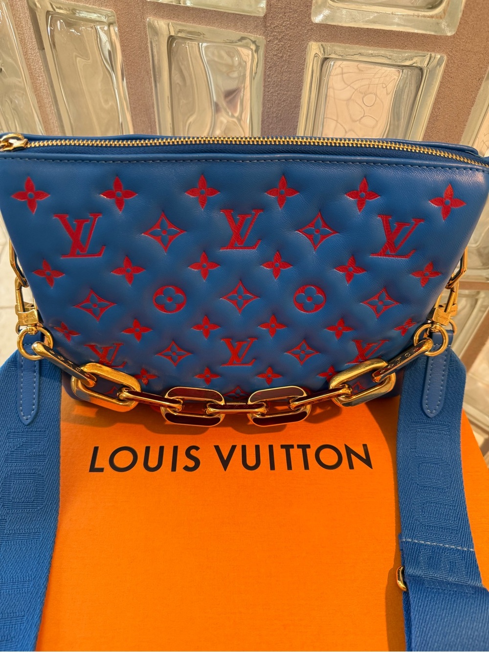 Louis Vuitton Blue & Red Quilted Monogram Coussin PM Bag with Gold Chain & Strap - Picture 3 of 14